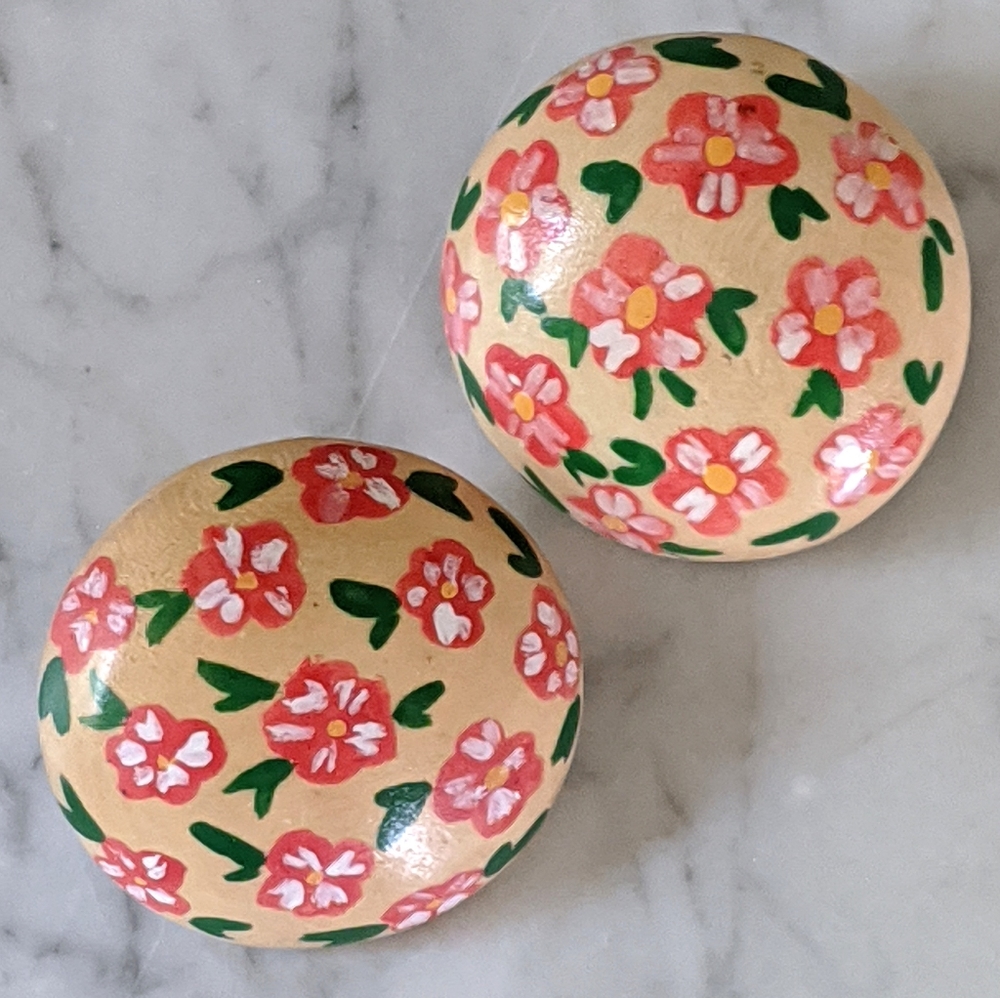 Vintage Hand Painted Wooden Stud Earrings